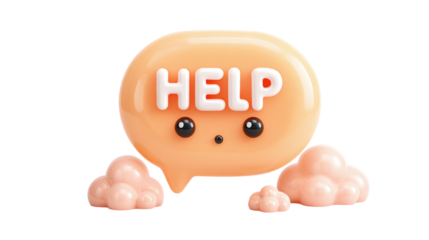 Orange help bubble with soft pastel tone and text prompt, plastic 3D cartoon icon, isolated on transparent background 