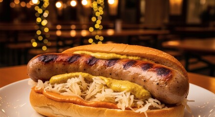 A close up of a grilled sausage sandwich with sauerkraut and mustard on a white plate in a restaurant