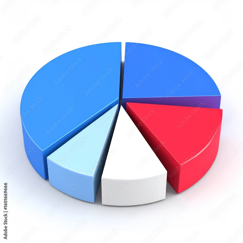Poster colorful 3d pie chart highlighting one section on white background for data analysis