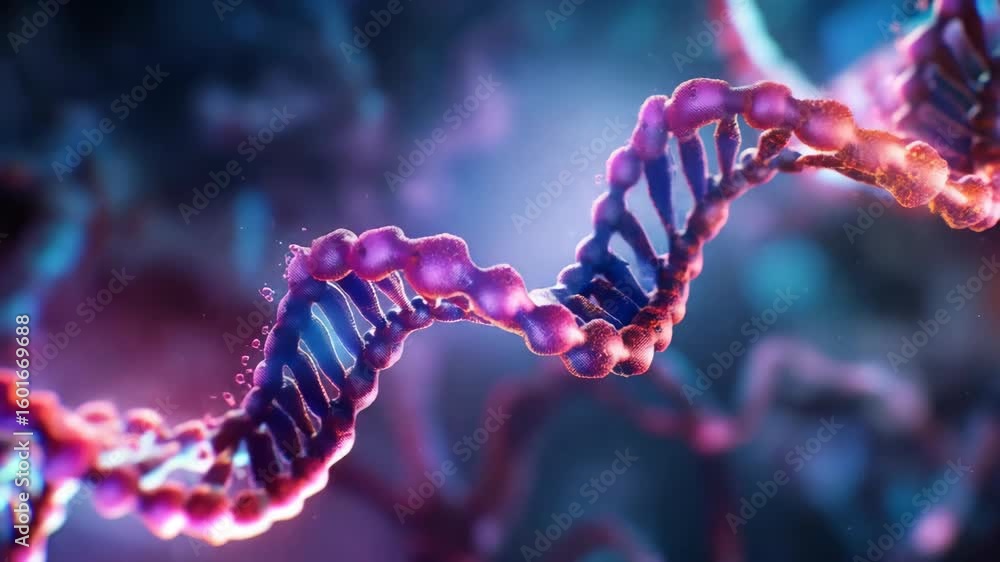 Poster a vivid representation of a dna double helix with abstract elements, possibly related to genetic res