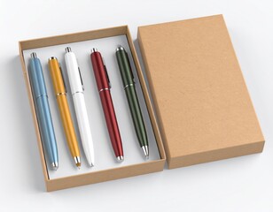 Collection Of Colored Pens In A Kraft Box Mockup Against A Neutral Background