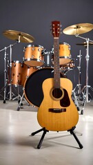 Naklejka premium Wooden acoustic guitar on a stand next to a drum set in a music rehearsal or worship space