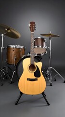 Naklejka premium Wooden acoustic guitar on a stand next to a drum set in a music rehearsal or worship space