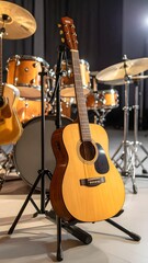 Fototapeta premium Wooden acoustic guitar on a stand next to a drum set in a music rehearsal or worship space