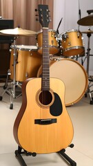 Naklejka premium Wooden acoustic guitar on a stand next to a drum set in a music rehearsal or worship space