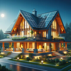 House at night with solar panels concept digital illustration graphic landscape