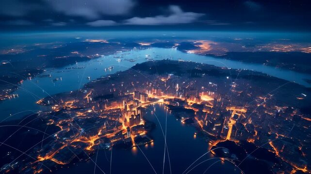 Aerial view of city at night with network lines connecting buildings and surrounding water areas