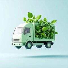 Floating Green Plant-Based Truck Mockup With Gradient Colorway and Leaves Against Clear Backdrop