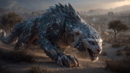 Fototapeta premium Armored Beast with Metallic Scales in Desert Landscape