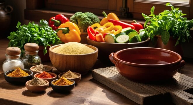 A still life featuring a variety of fresh vegetables spices and grains arranged on a wooden surface indoors