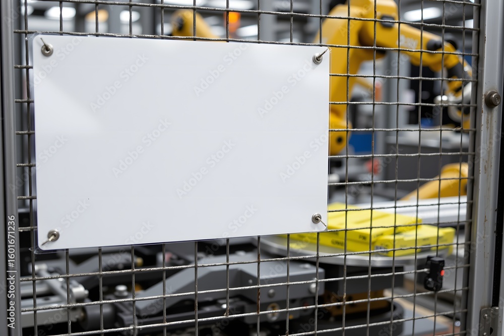 Poster factory automation: a close-up shot of a blank white sign, strategically placed within a metallic sa
