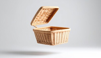 Woven Basket Floating With Slightly Ajar Lid Against Soft White Background