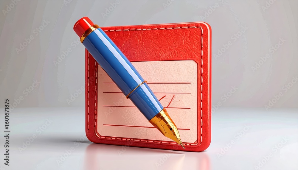 Fototapete Floating Pen Writing On Red Checkbook Over A Neutral Background Demonstrating Automated Finance Transaction
