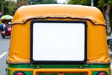 Tuk-Tuk Back Billboard: A vibrant tuk-tuk, showcasing a blank billboard on its rear, perfect for custom advertisement and commercial promotion, navigating through the city's lively streets.