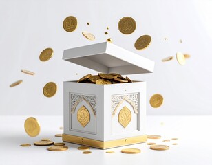 Islamic Charity Donation Box Mockup With Levitating Golden Coins on White Background