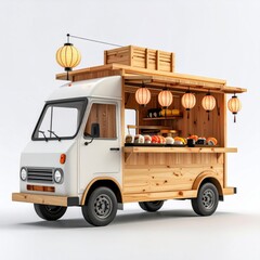 Floating Sushi Food Truck with Japanese Lanterns and Wooden Menu Board on Transparent Background