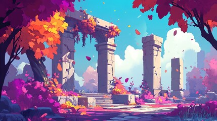 Colorful, vibrant scene of ancient ruins amidst autumnal foliage