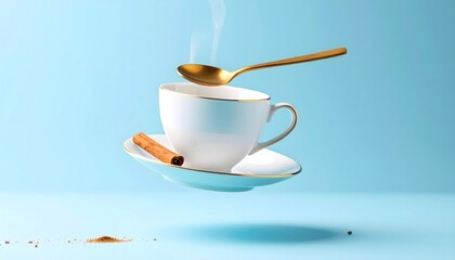 Floating White Ceramic Cup With Gold Spoon And Cinnamon Stick On Soft Blue Background