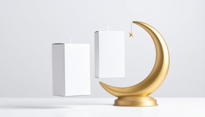 Floating White Candle Packaging Mockup Beside Golden Crescent Moon Holder on White Background