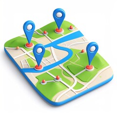 Isometric 3D Strategy Map Icon with Blue Pins and Path Lines on Green Land Business Navigation on Clear White Background