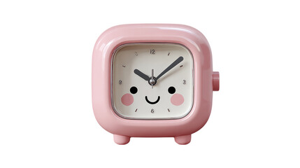 Pastel pink bedside clock with friendly shape, plastic 3D design, isolated on transparent background 