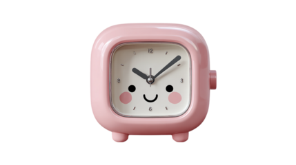 Pastel pink bedside clock with friendly shape, plastic 3D design, isolated on transparent background