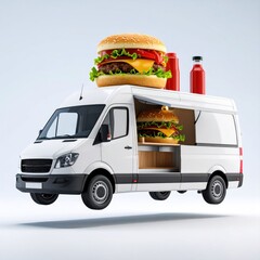 Floating White Food Truck with Double Burger and Ketchup Bottles on Clear Background