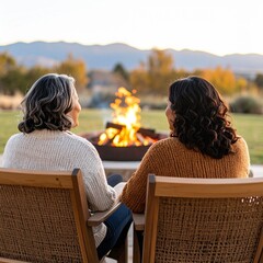 Mature mother and daughter relaxing around a rustic outdoor bonfire