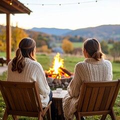 view behind two faceless women relaxing around a bonfire, camping concept