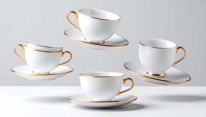 Floating White Porcelain Cup Set With Gold Rims and Saucers on a Clear Background for Elegant Mockup