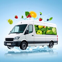 Floating White Smoothie Van with Fruit Splashes and Water Effects against a Blue Backdrop