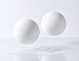 Floating White Sphere Bath Bombs Above Water With Ripple Effect on Clean White Background