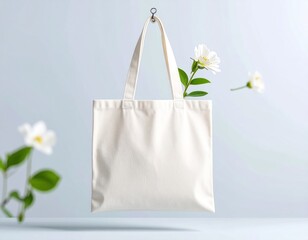 Floating White Tote Bag Mockup With Tiny Flower Pin Detail On A Clear Soft Light Blue Background