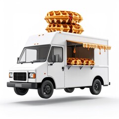 Floating White Waffle Food Truck Mockup Dripping Syrup Detail on White Background