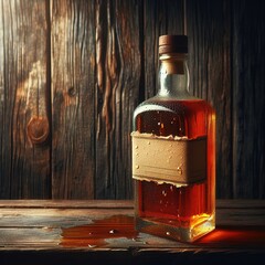 Old bottle of wine on wooden background alcohol concept whisky drink mockup template