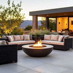 Modern outdoor seating area with a fire pit