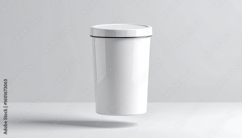 Poster minimal white trash bin mockup with touch lid floating on soft gray background