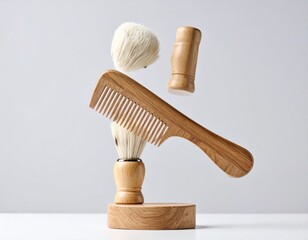 Floating Wooden Comb And Shaving Brush On White Background Studio Shot