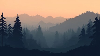 Misty mountain forest at dawn