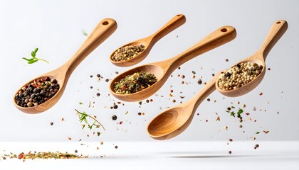 Floating Wooden Spoons With Colorful Spices And Grains On Clear Background