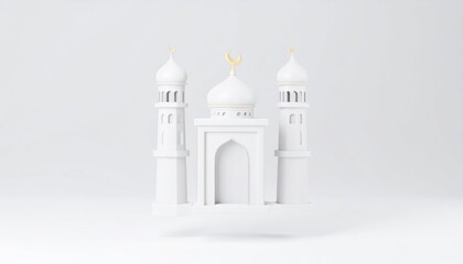 Minimalist White 3D Model Of Islamic Mosque Floating On Isolated Background With Gold Crescent Moon Detail