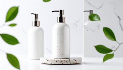 Minimalist Soap Dispenser Mockup With Terrazzo Base Against White Background Enhanced By Green Leaf Details