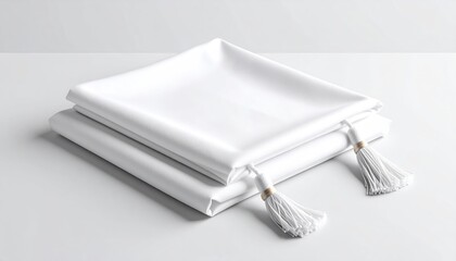 Folded White Tablecloth Mockup With Tassels And Soft Crease Shadows On White Background