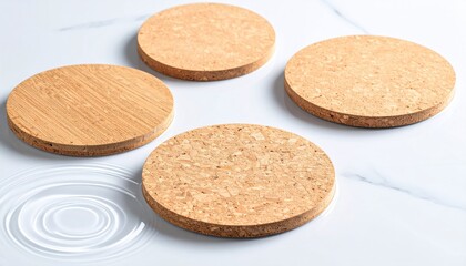 Four Circular Cork Coasters With Water Ring Details on a Textured Surface