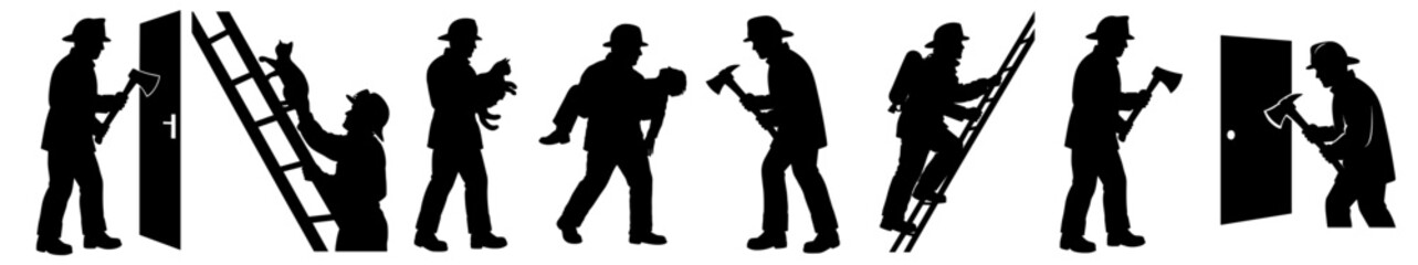 Firefighter Rescue Action — Emergency Service Personnel Saving Victims, Climbing Ladders, Breaking Doors and Performing Firefighting Operations