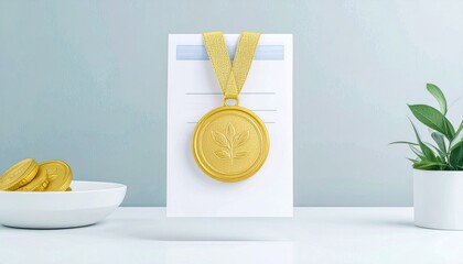 Gold Medal On Receipt Ribbon Budget Excellence Icon Against White Background