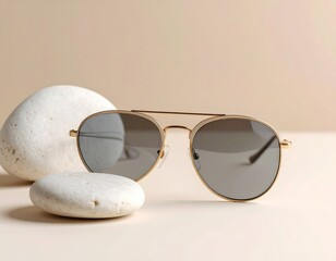 Gold Rimmed Sunglasses Beside Smooth White Pebbles On Soft Beige Background
