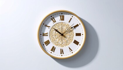 Gold Rimmed Clock With Arabic Numerals On White Backdrop With Shadow