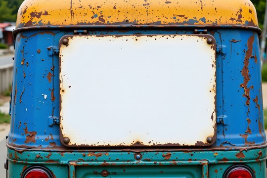 Vintage Auto-rickshaw's Billboard: A detailed shot of the rear of an auto-rickshaw featuring a vintage weathered billboard, offering a touch of nostalgia for a bygone era.