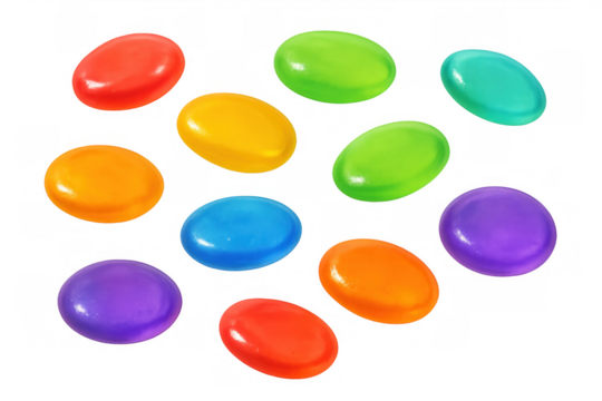 Colorful candies dropping through transparent space, highlighting sugary confectionery delights against clean minimalist backdrop